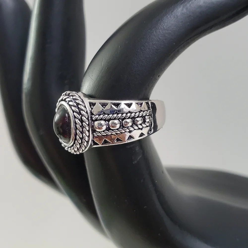 Sterling Silver 925 Black Opal Red Solitaire Ring